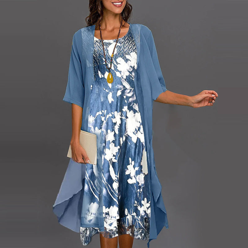 Elegante conjunto de 2 piezas: blusa de media manga + vestido-ES