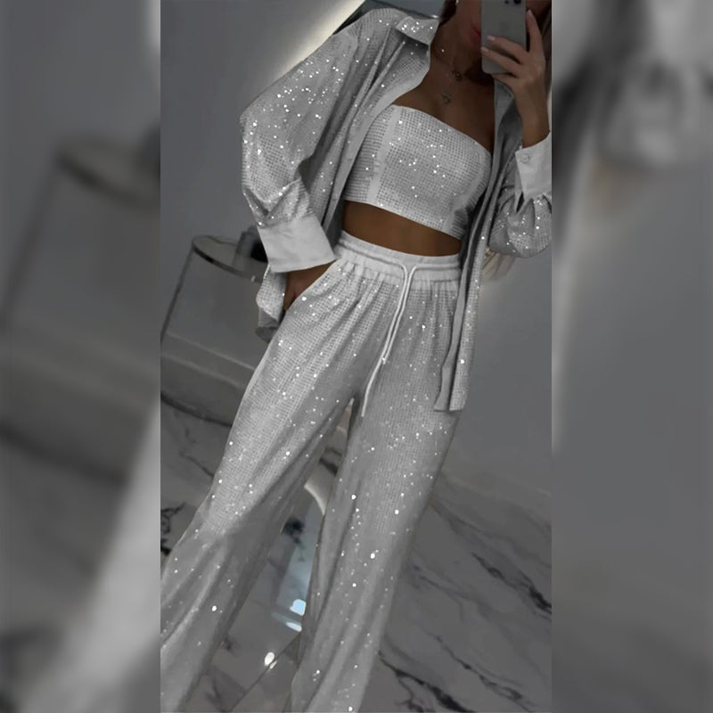 Πανέμορφο blazer, άνετη φόδρα και φαρδύ παντελόνι (σετ 3 τεμαχίων)-GR