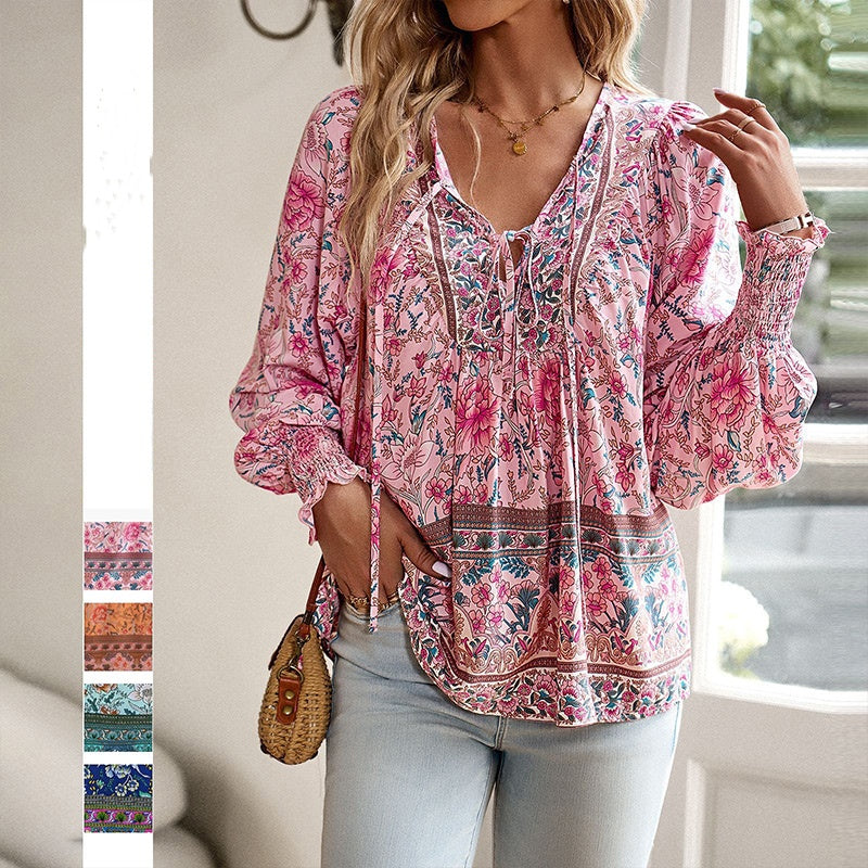 【S-2XL】🌺Camiseta estampada de manga larga con cuello en V para mujer-ES