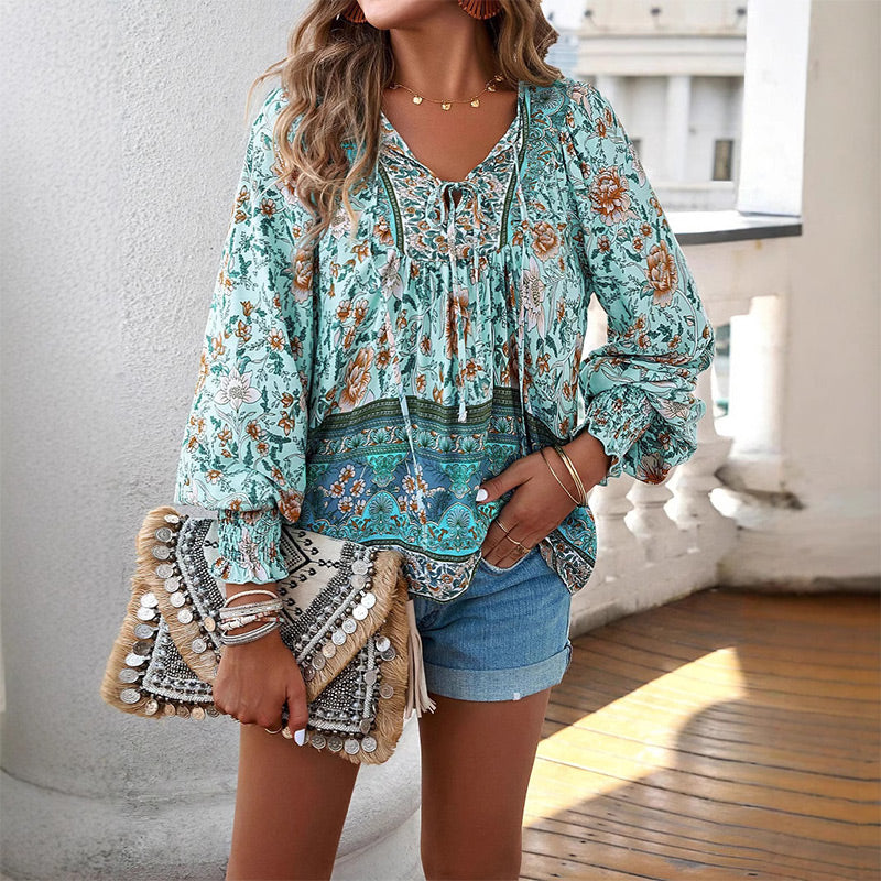 【S-2XL】🌺Camiseta estampada de manga larga con cuello en V para mujer-ES