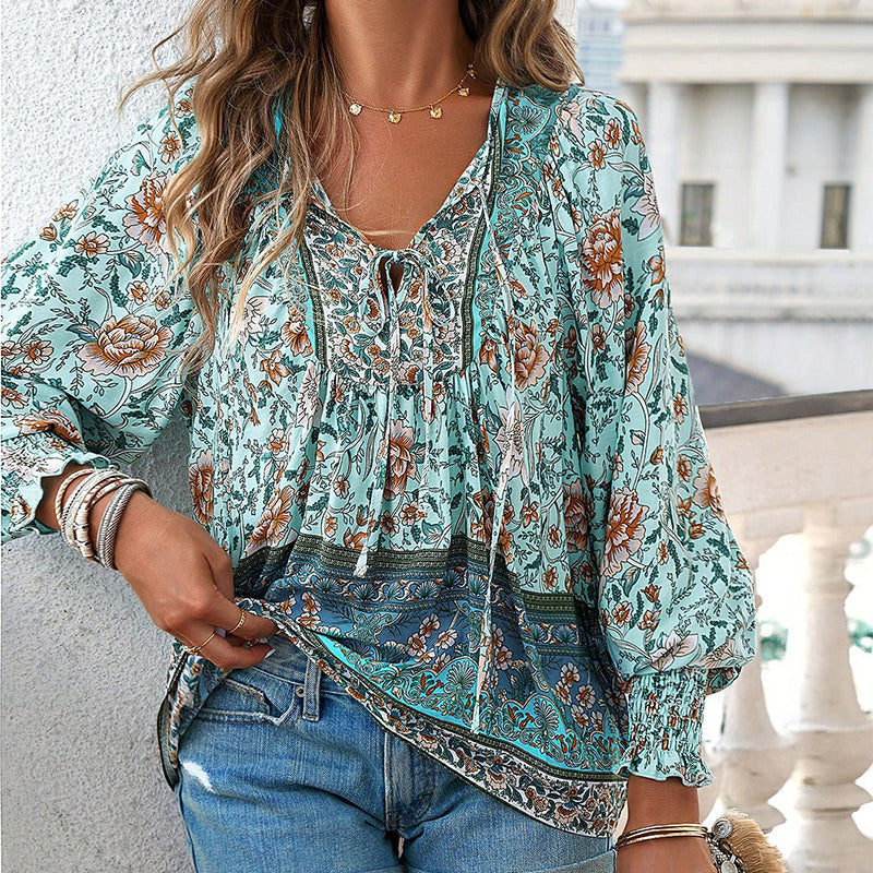 【S-2XL】🌺Camiseta estampada de manga larga con cuello en V para mujer-ES