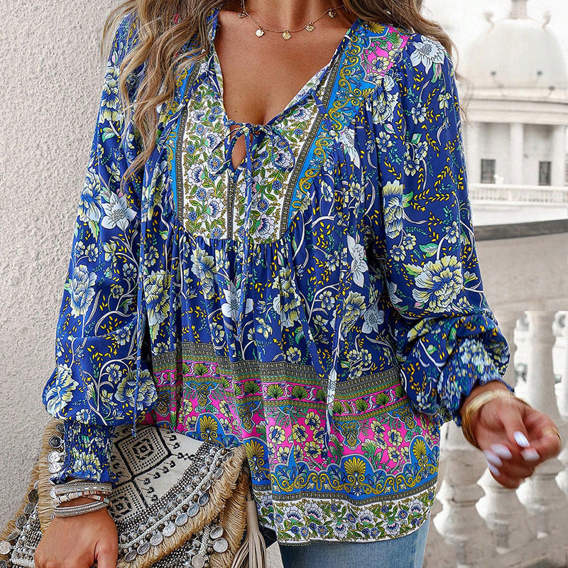 【S-2XL】🌺Camiseta estampada de manga larga con cuello en V para mujer-ES