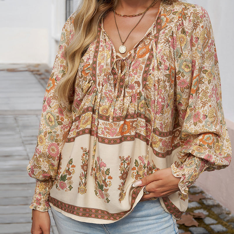 【S-2XL】🌺Camiseta estampada de manga larga con cuello en V para mujer-ES