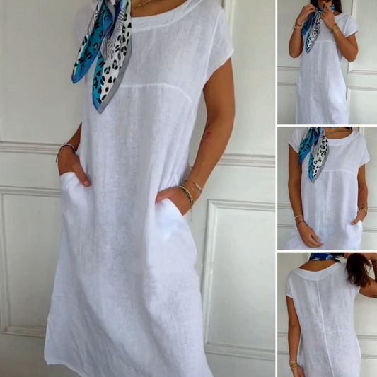 Nuevo en 2025! 🔥Vestido de lino para mujer con escote redondo y manga corta-ES