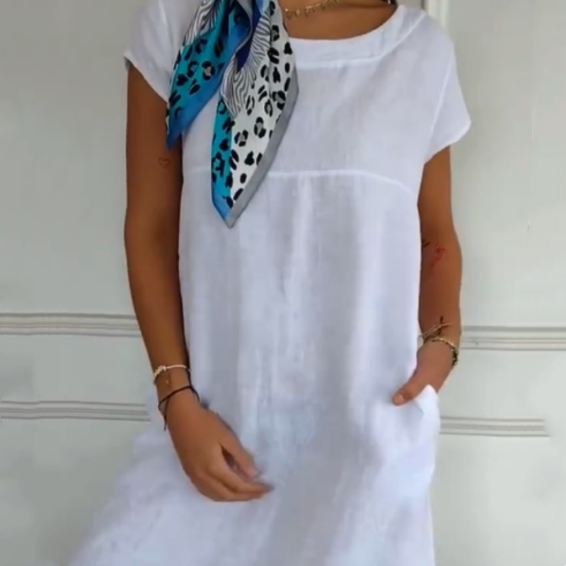 Nuevo en 2025! 🔥Vestido de lino para mujer con escote redondo y manga corta-ES