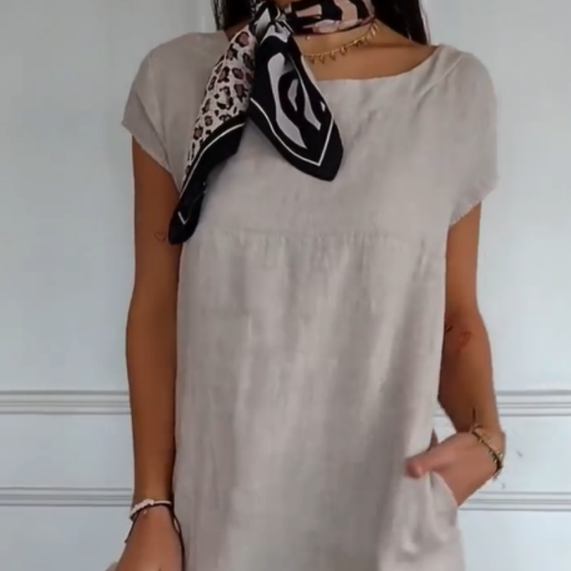 Nuevo en 2025! 🔥Vestido de lino para mujer con escote redondo y manga corta-ES