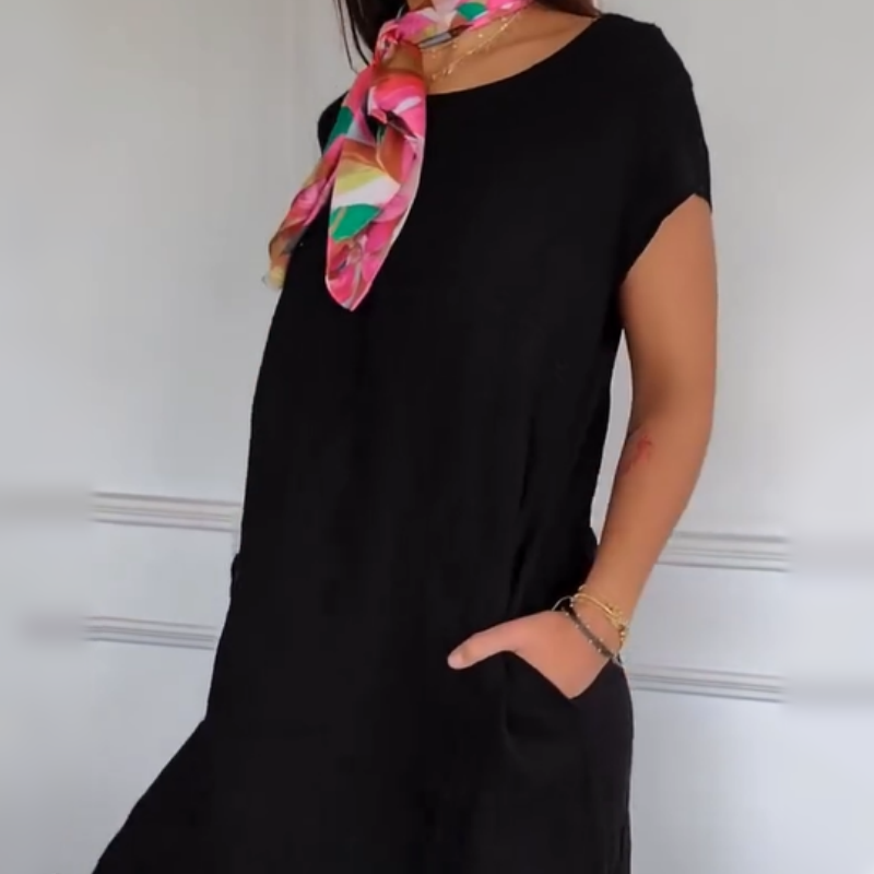 Nuevo en 2025! 🔥Vestido de lino para mujer con escote redondo y manga corta-ES