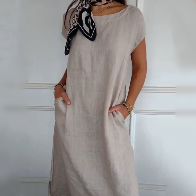 Nuevo en 2025! 🔥Vestido de lino para mujer con escote redondo y manga corta-ES
