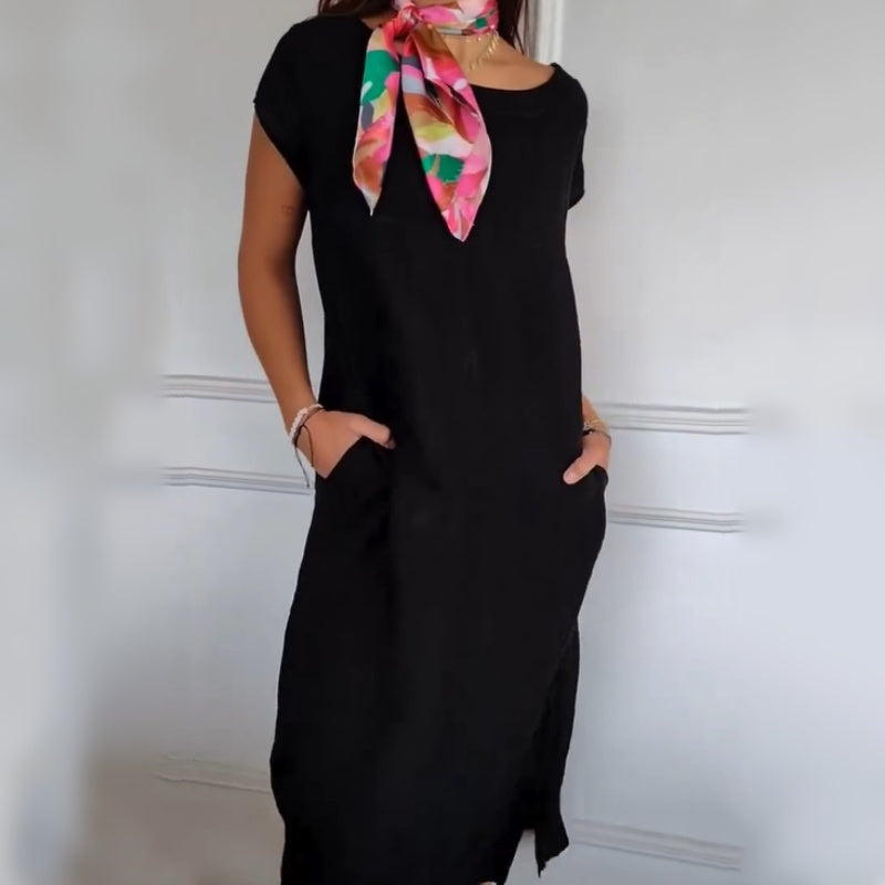 Nuevo en 2025! 🔥Vestido de lino para mujer con escote redondo y manga corta-ES