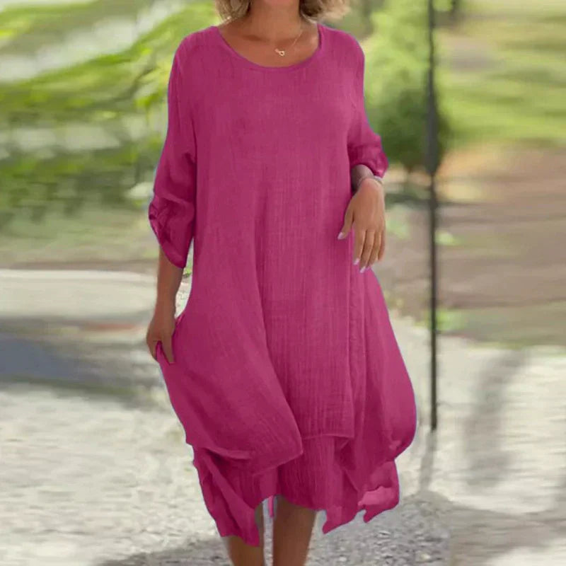 💕Vestido elegante de color liso con cuello redondo y corte holgado para mujer-ES