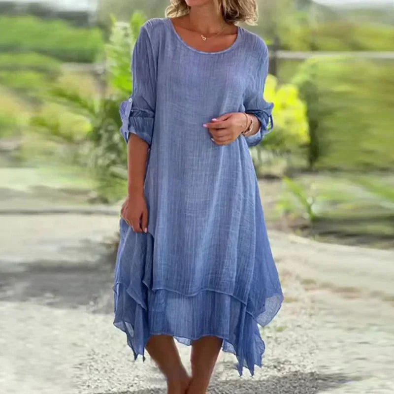 💕Vestido elegante de color liso con cuello redondo y corte holgado para mujer-ES