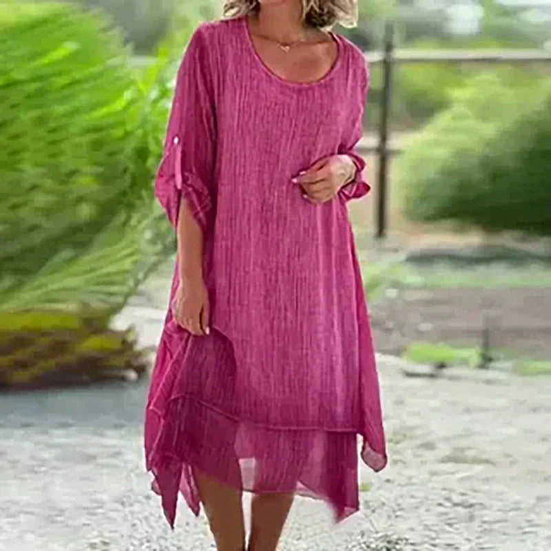 💕Vestido elegante de color liso con cuello redondo y corte holgado para mujer-ES