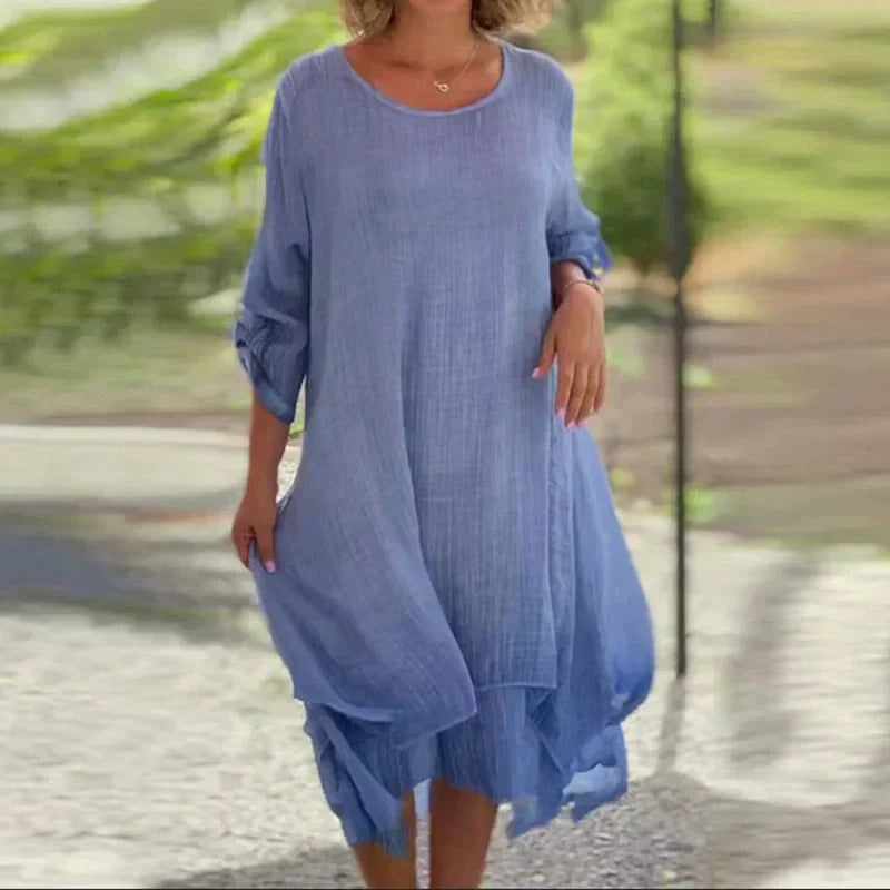 💕Vestido elegante de color liso con cuello redondo y corte holgado para mujer-ES