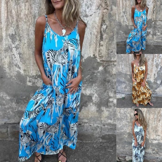 💙Γυναικείο φόρεμα με στάμπα και τιράντες στην πλάτη-GR