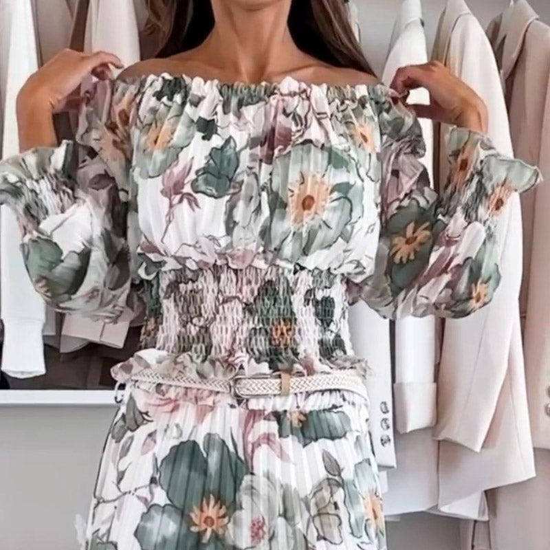 🌸Top floral con hombros descubiertos y conjunto de dos piezas con falda larga-ES
