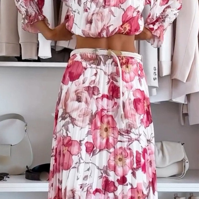 🌸Top floral con hombros descubiertos y conjunto de dos piezas con falda larga-ES