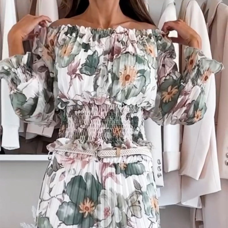 🌸Top floral con hombros descubiertos y conjunto de dos piezas con falda larga-ES