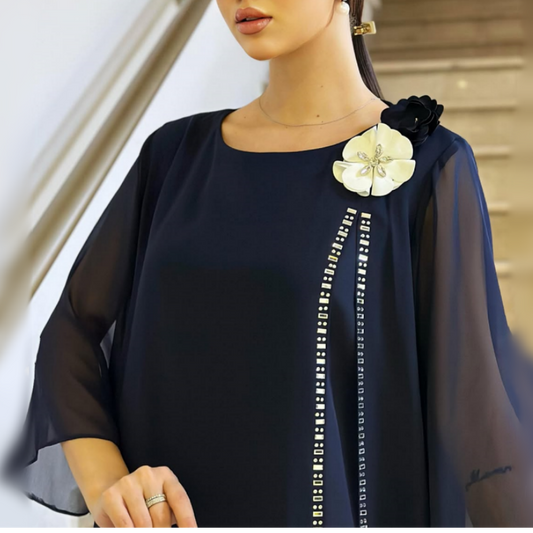 🌸✨【S-4XL】Vestido de cuello redondo de malla para mujer con acento floral-ES