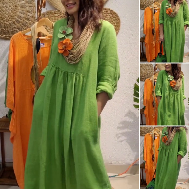 💖Venta limitada 20% de descuento💖Vestido casual de lino de manga larga bohemio para mujer-ES