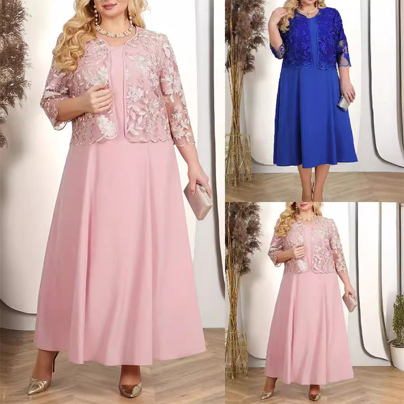 ✨Vestido de mujer en color liso con chaqueta bordada con encaje-ES