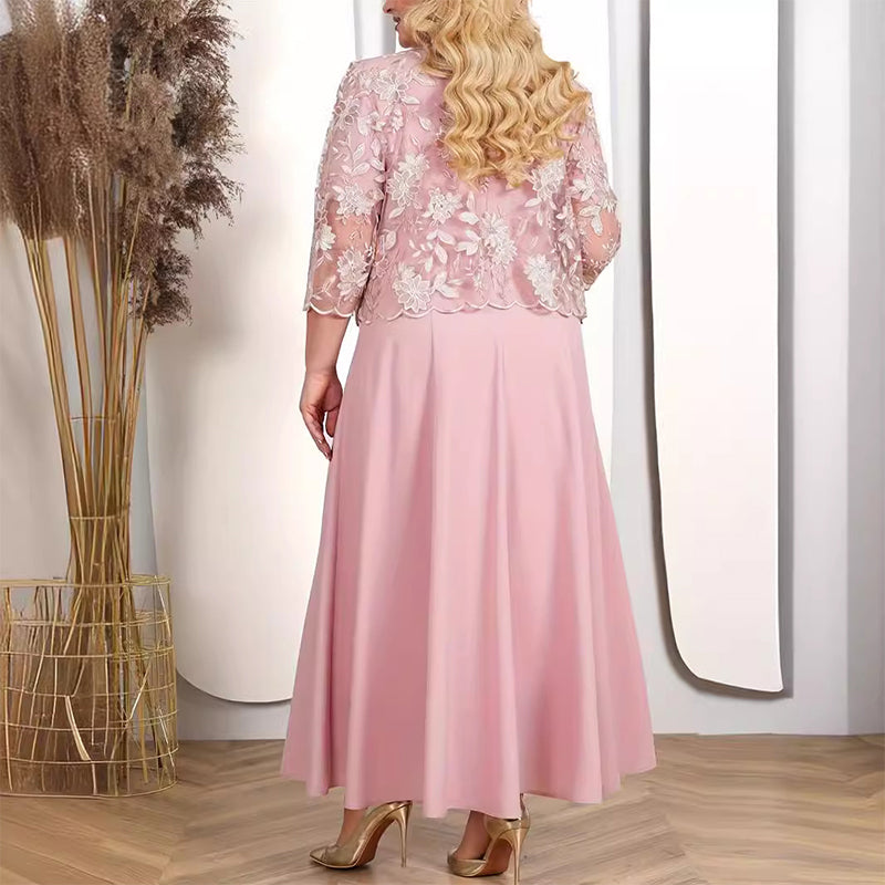 ✨Vestido de mujer en color liso con chaqueta bordada con encaje-ES