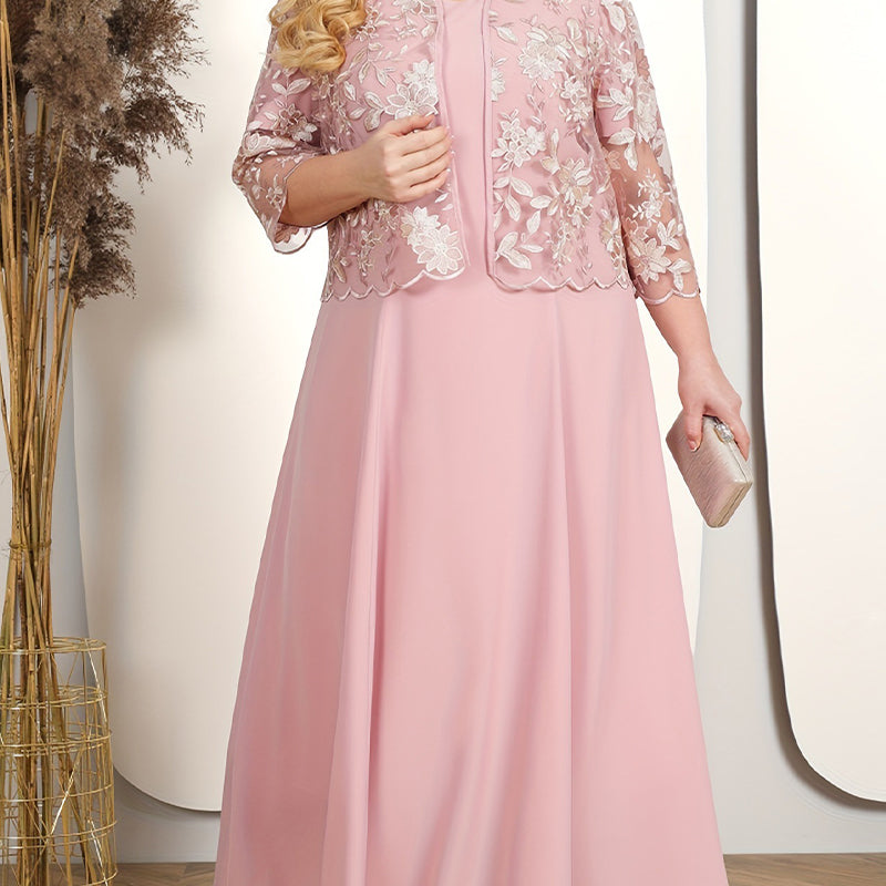 ✨Vestido de mujer en color liso con chaqueta bordada con encaje-ES