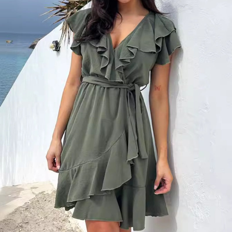 🔥Elegante vestido con volantes y escote en V para mujer con cintura anudada-ES