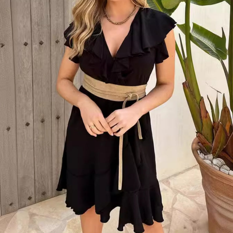 🔥Elegante vestido con volantes y escote en V para mujer con cintura anudada-ES