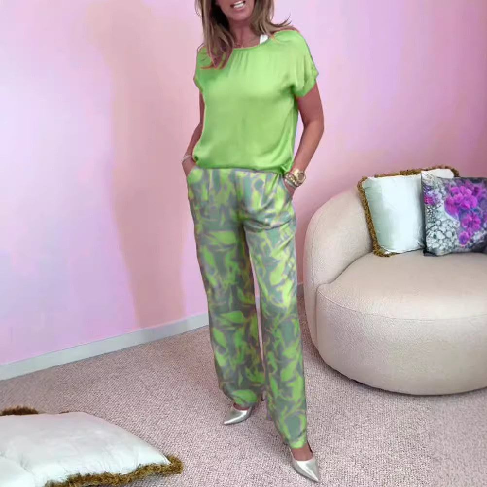 🎉【S-4XL】💝Conjunto de dos piezas: top de cuello redondo y pantalón estampado de pierna ancha-ES