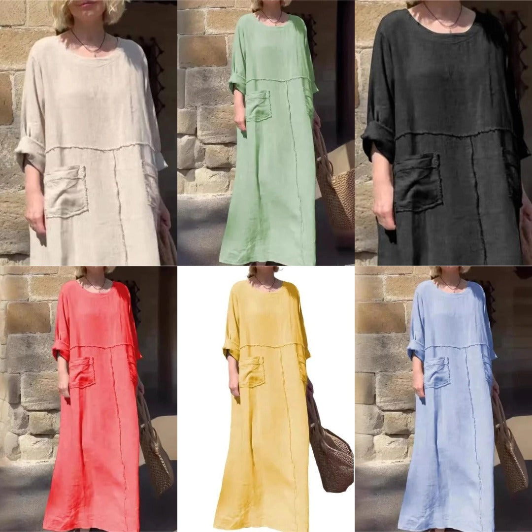 🌿Vestido monocolor con escote redondo, transpirable🌪️-ES