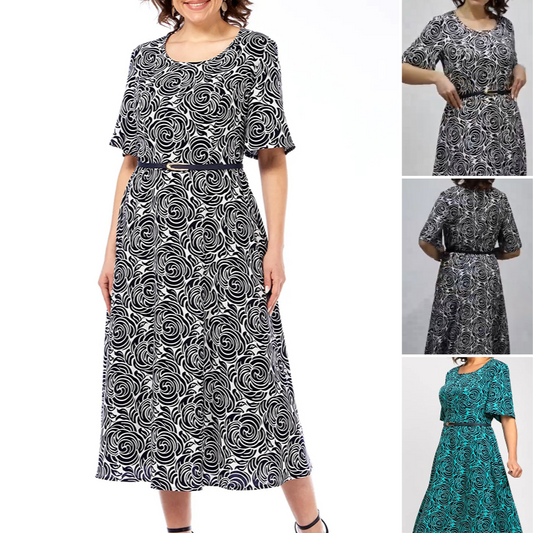 Elegante vestido largo estampado con cinturón-ES