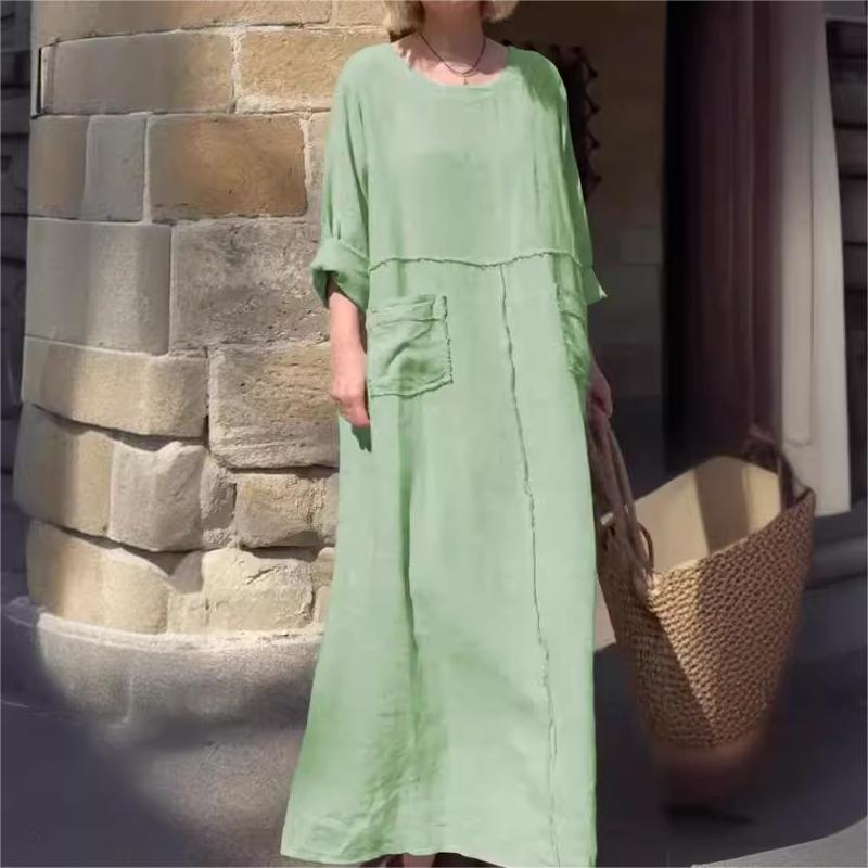 🌿Vestido monocolor con escote redondo, transpirable🌪️-ES