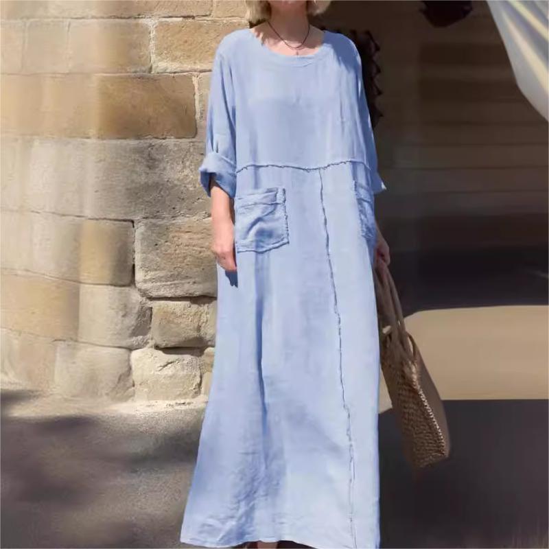 🌿Vestido monocolor con escote redondo, transpirable🌪️-ES