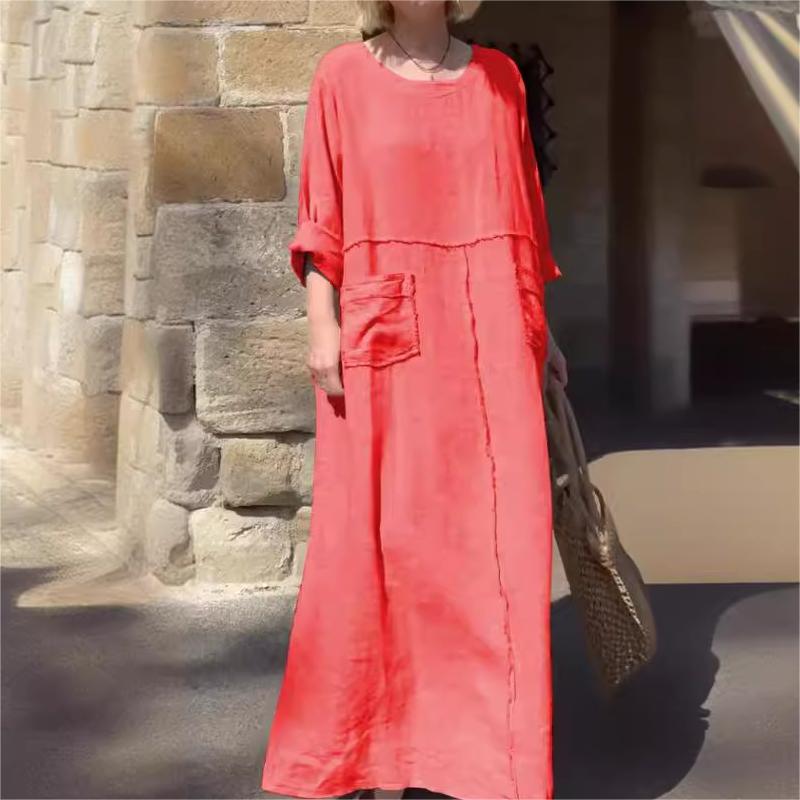 🌿Vestido monocolor con escote redondo, transpirable🌪️-ES