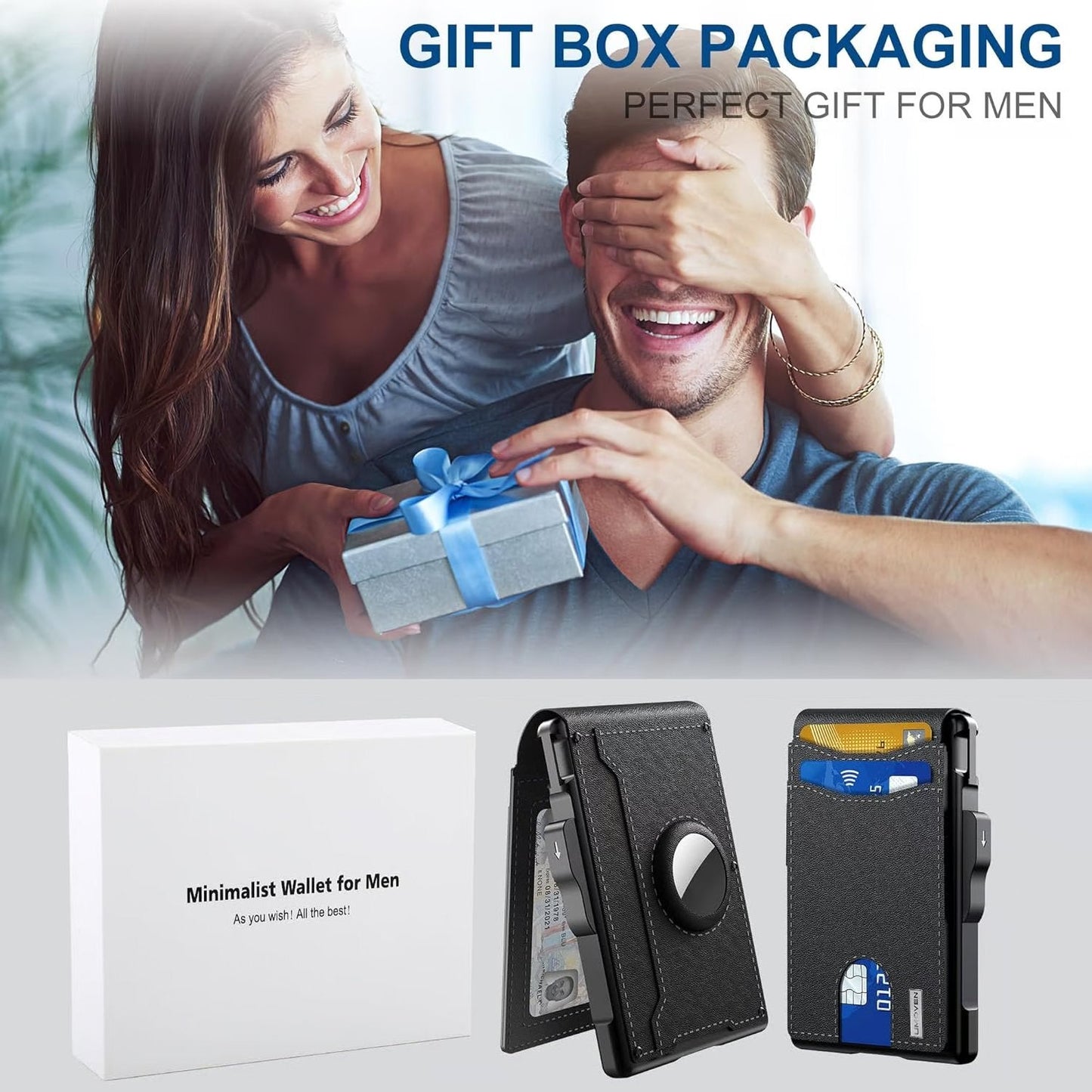 🎁 Cartera AirTag para hombre: funda de aluminio plegable, clip para billetes, compartimentos delgados de cuero, tarjetero, bloqueo RFID, cartera minimalista plegable.-ES