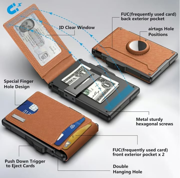 🎁 Cartera AirTag para hombre: funda de aluminio plegable, clip para billetes, compartimentos delgados de cuero, tarjetero, bloqueo RFID, cartera minimalista plegable.-ES