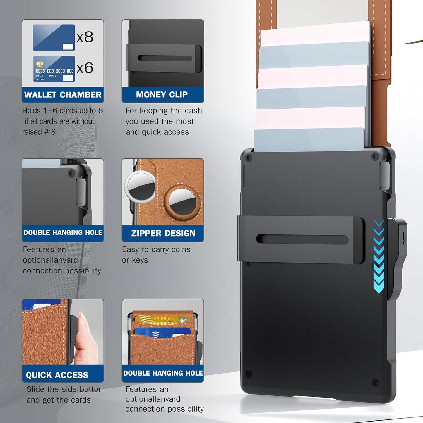 🎁 Cartera AirTag para hombre: funda de aluminio plegable, clip para billetes, compartimentos delgados de cuero, tarjetero, bloqueo RFID, cartera minimalista plegable.-ES