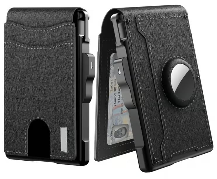🎁 Cartera AirTag para hombre: funda de aluminio plegable, clip para billetes, compartimentos delgados de cuero, tarjetero, bloqueo RFID, cartera minimalista plegable.-ES