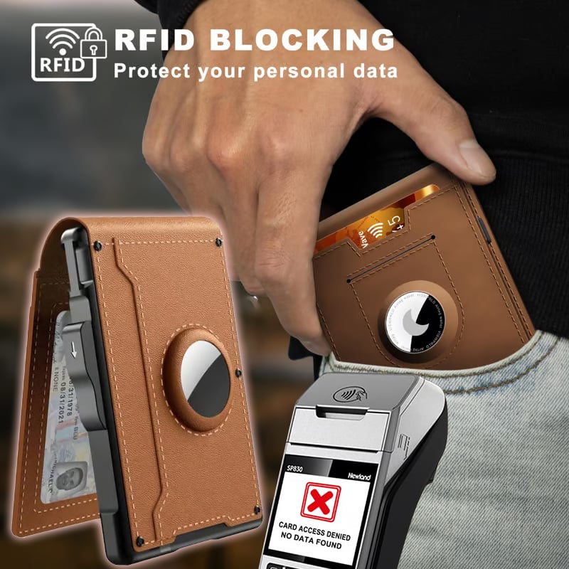 🎁 Cartera AirTag para hombre: funda de aluminio plegable, clip para billetes, compartimentos delgados de cuero, tarjetero, bloqueo RFID, cartera minimalista plegable.-ES