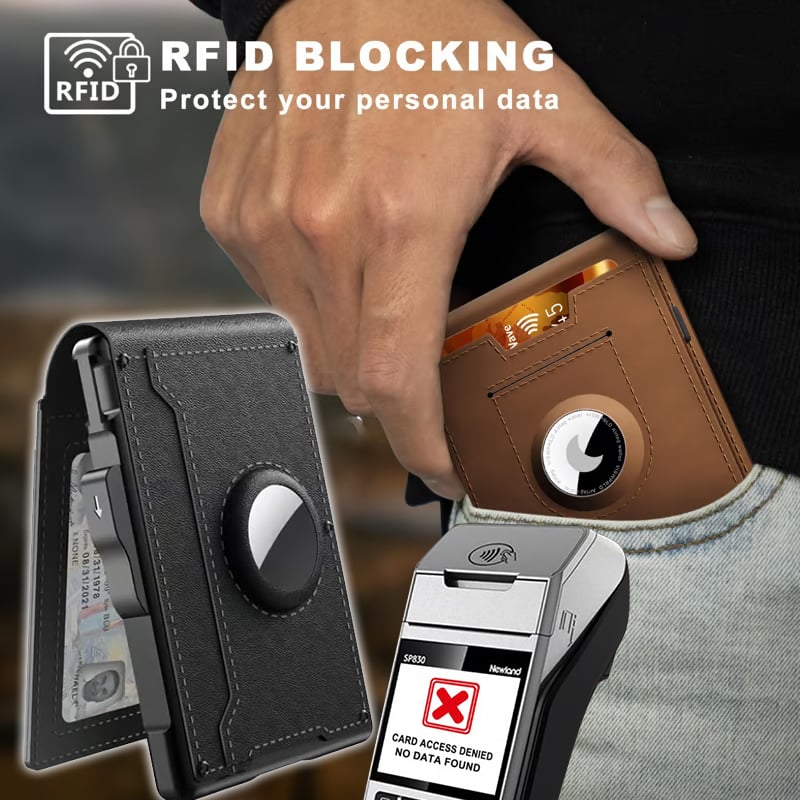 🎁 Cartera AirTag para hombre: funda de aluminio plegable, clip para billetes, compartimentos delgados de cuero, tarjetero, bloqueo RFID, cartera minimalista plegable.-ES