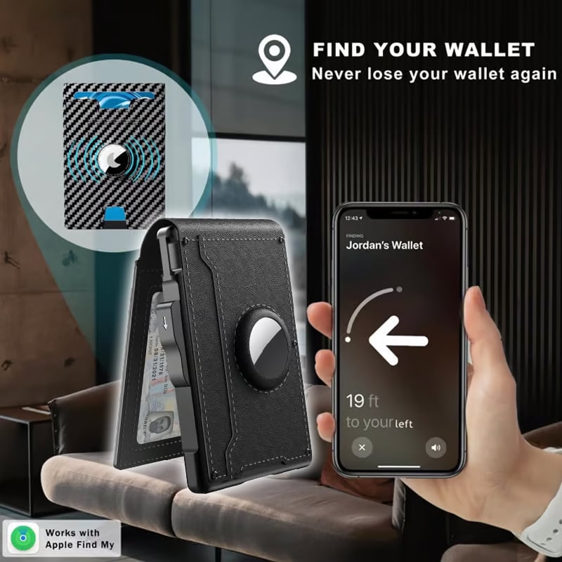 🎁 Cartera AirTag para hombre: funda de aluminio plegable, clip para billetes, compartimentos delgados de cuero, tarjetero, bloqueo RFID, cartera minimalista plegable.-ES