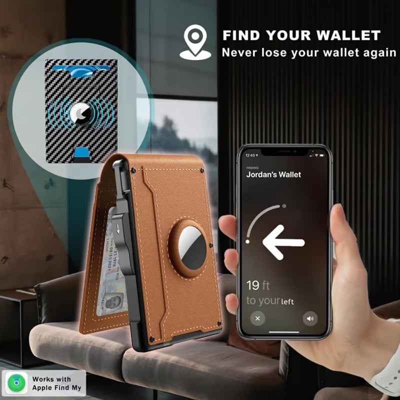🎁 Cartera AirTag para hombre: funda de aluminio plegable, clip para billetes, compartimentos delgados de cuero, tarjetero, bloqueo RFID, cartera minimalista plegable.-ES