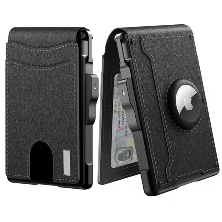 🎁 Cartera AirTag para hombre: funda de aluminio plegable, clip para billetes, compartimentos delgados de cuero, tarjetero, bloqueo RFID, cartera minimalista plegable.-ES