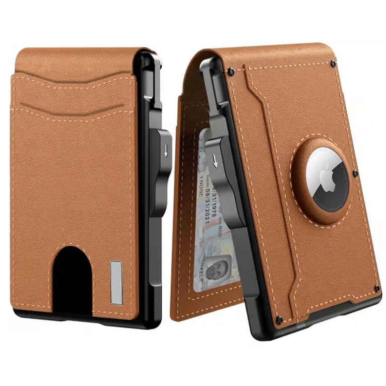 🎁 Cartera AirTag para hombre: funda de aluminio plegable, clip para billetes, compartimentos delgados de cuero, tarjetero, bloqueo RFID, cartera minimalista plegable.-ES