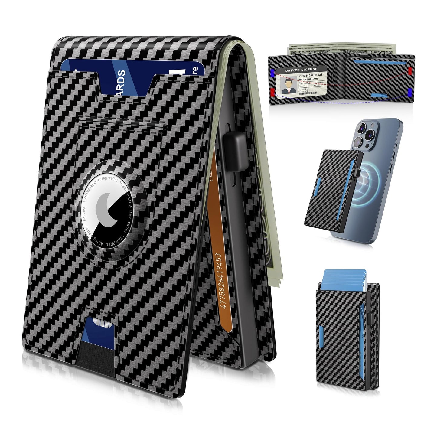 🎁 Cartera AirTag para hombre: funda de aluminio plegable, clip para billetes, compartimentos delgados de cuero, tarjetero, bloqueo RFID, cartera minimalista plegable.-ES