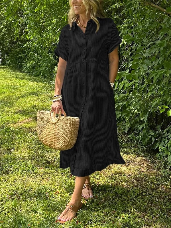 🔥👗Vestido camisero de rayas con solapas y botones | Con bolsillos funcionales-ES