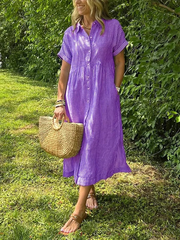 🔥👗Vestido camisero de rayas con solapas y botones | Con bolsillos funcionales-ES