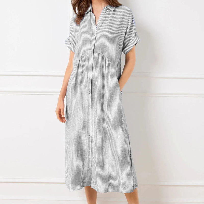 🔥👗Vestido camisero de rayas con solapas y botones | Con bolsillos funcionales-ES