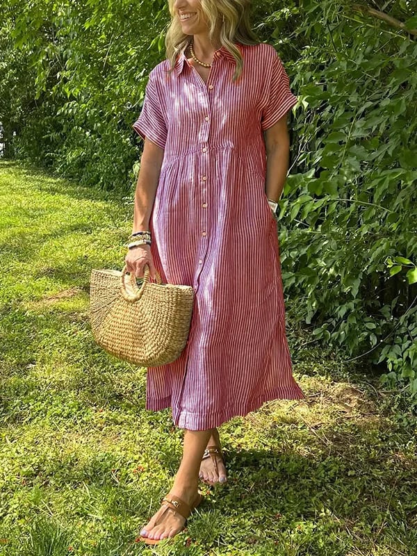 🔥👗Vestido camisero de rayas con solapas y botones | Con bolsillos funcionales-ES