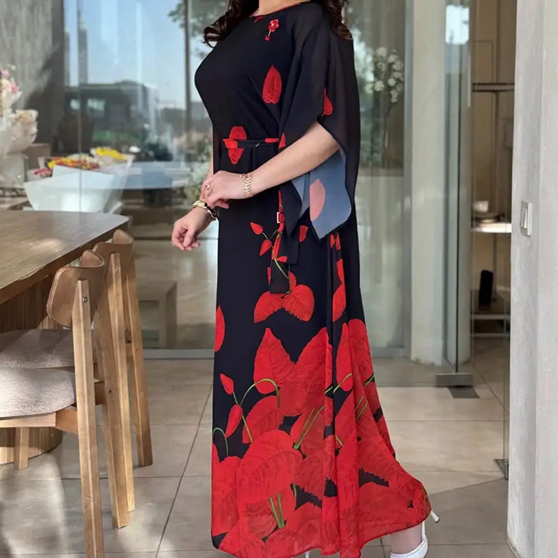 👗Vestido con cuello redondo y cinturón con vuelo 🌸 | Estampado floral | Silueta ajustable-ES